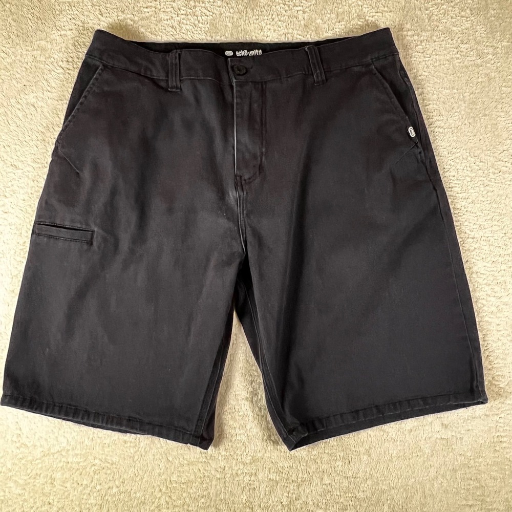 Ecko Unltd Mens Black Chino Shorts Size 34 Flat Front Cotton Stretch Black